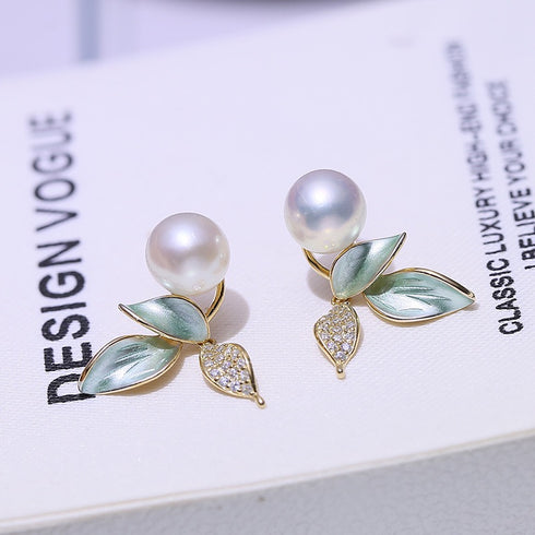8-9mm Green Leaf Pearl Earrings - House Of Pearls